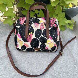 Fossil Sydney Satchel Purse Black Pink Floral Top Handles w Crossbody Strap EUC